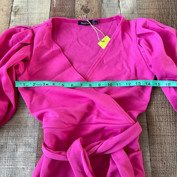 Bohoo Pink Scuba Puff Sleeve Wrap Mini Dress With Belt Size 2 - Picture 4 of 11